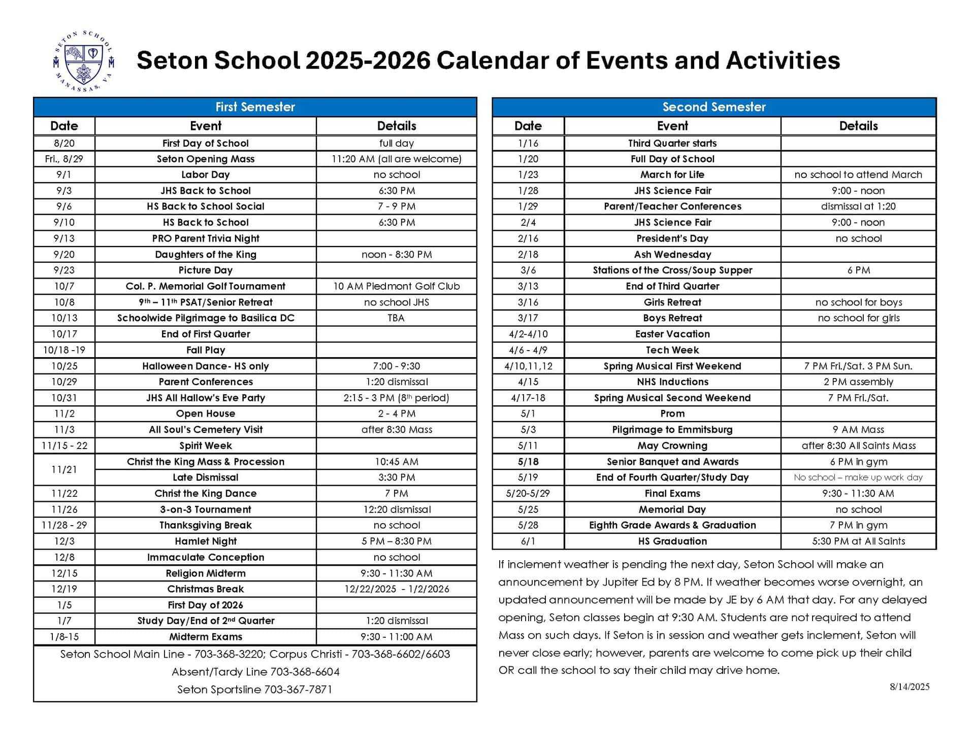 Events Calendar | Seton School Manassas pertaining to Seton Catholic College Calendar 2026