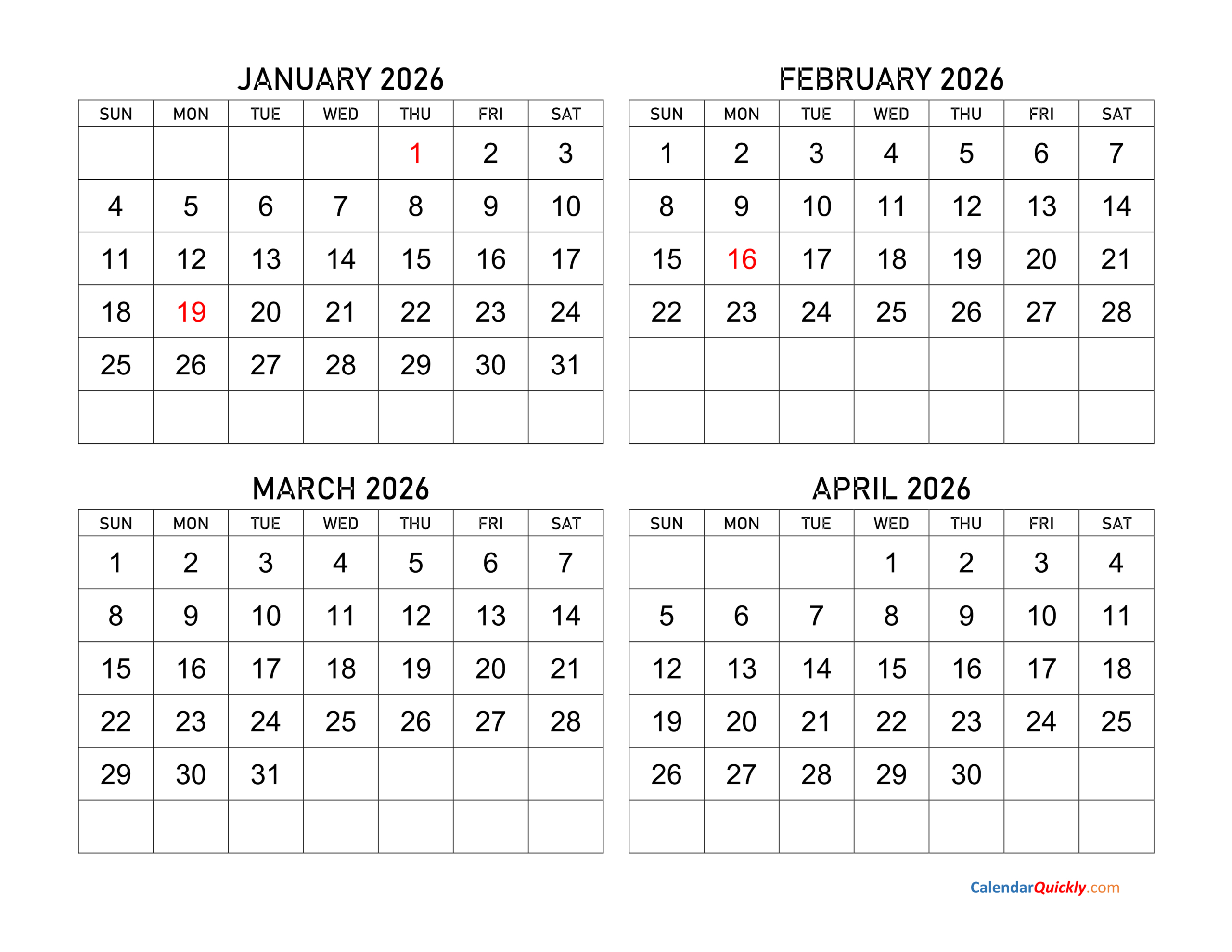 Four Months 2026 Calendar | Calendar Quickly intended for January February March 2026 Calendar Printable
