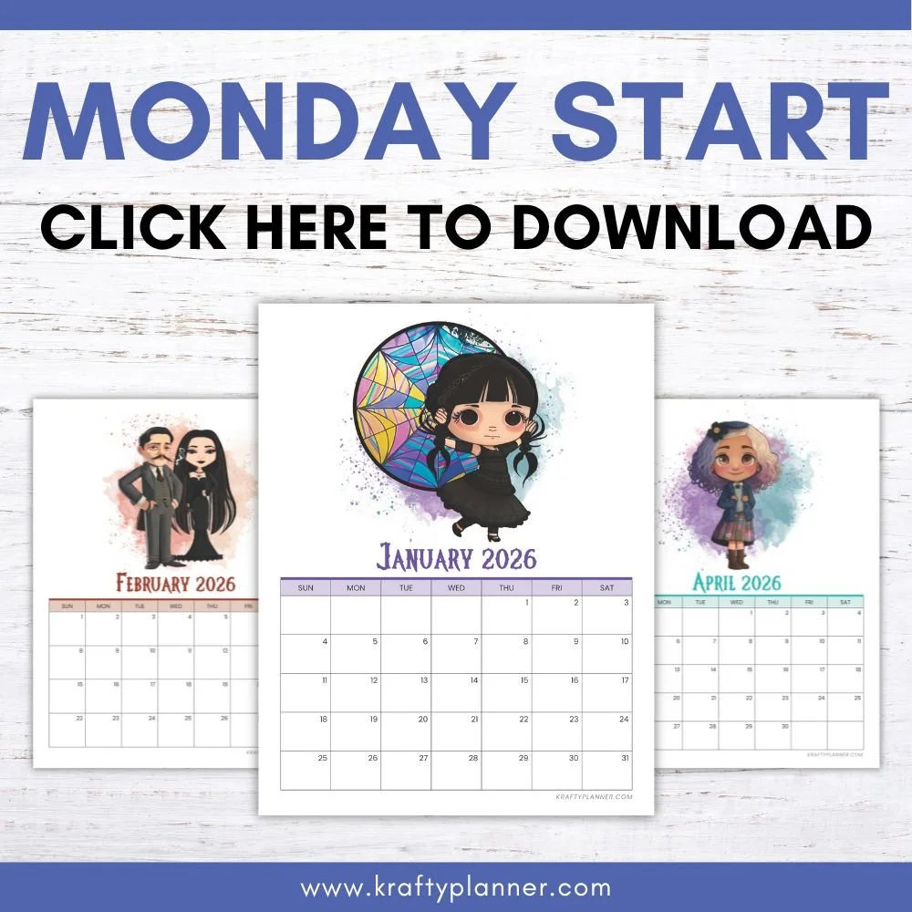 Free 2026 Wednesday Addams Calendar — Krafty Planner for How Many Wednesdays Are There In 2026?