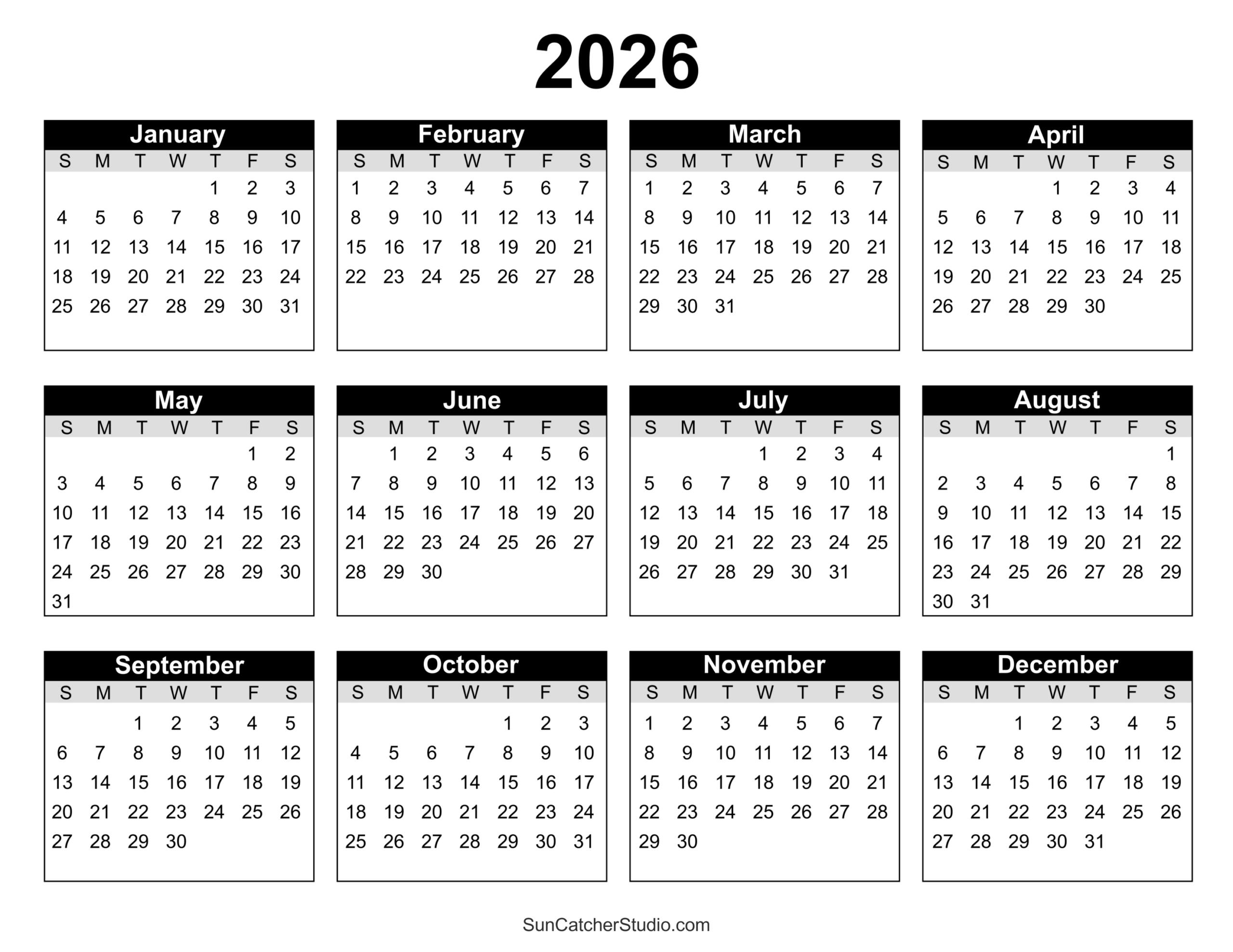 Free Printable 2026 Yearly Calendar – Free Printables, Lettering with regard to Year 2026 Calendar