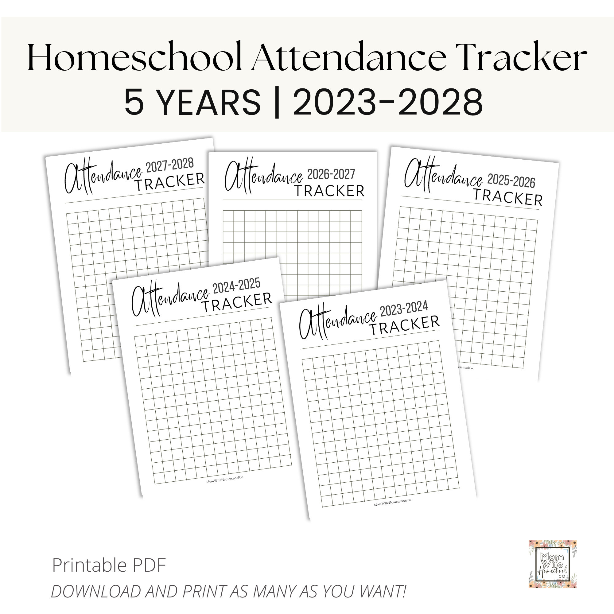 Homeschool Attendance Record Trackers | 5 Homeschool Years, 2023 for Homeschool Attendance Calendar 2026 - 2027