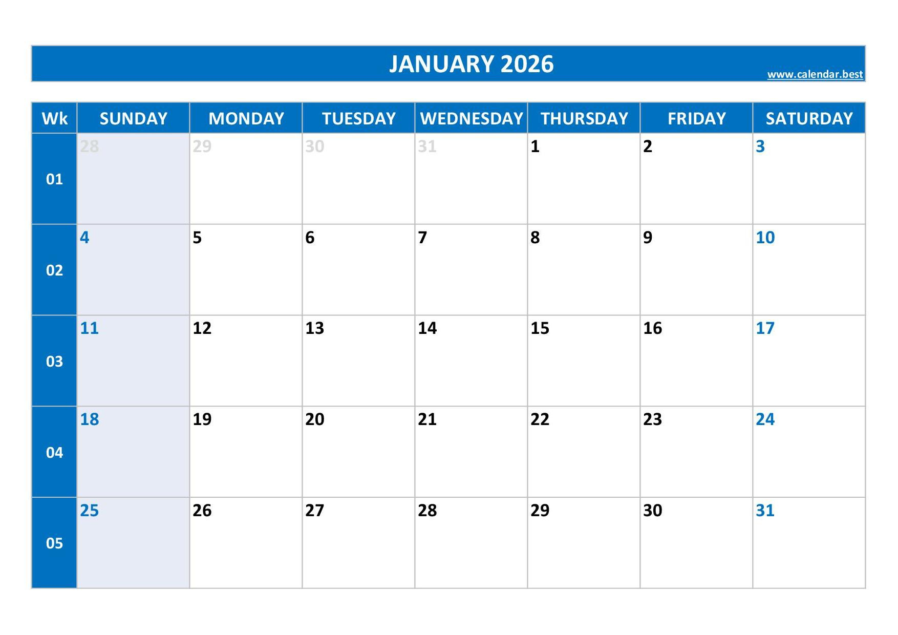 January 2026 Calendar -Calendar.best within Free Printable January 2026 Calendar Numbers