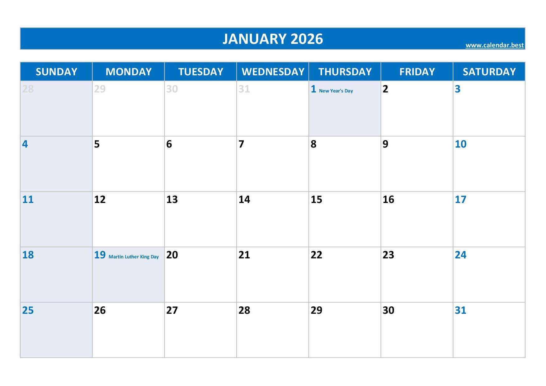 January 2026 Calendar -Calendar.best within Free Printable January 2026 Monthly Calendar With Holidays