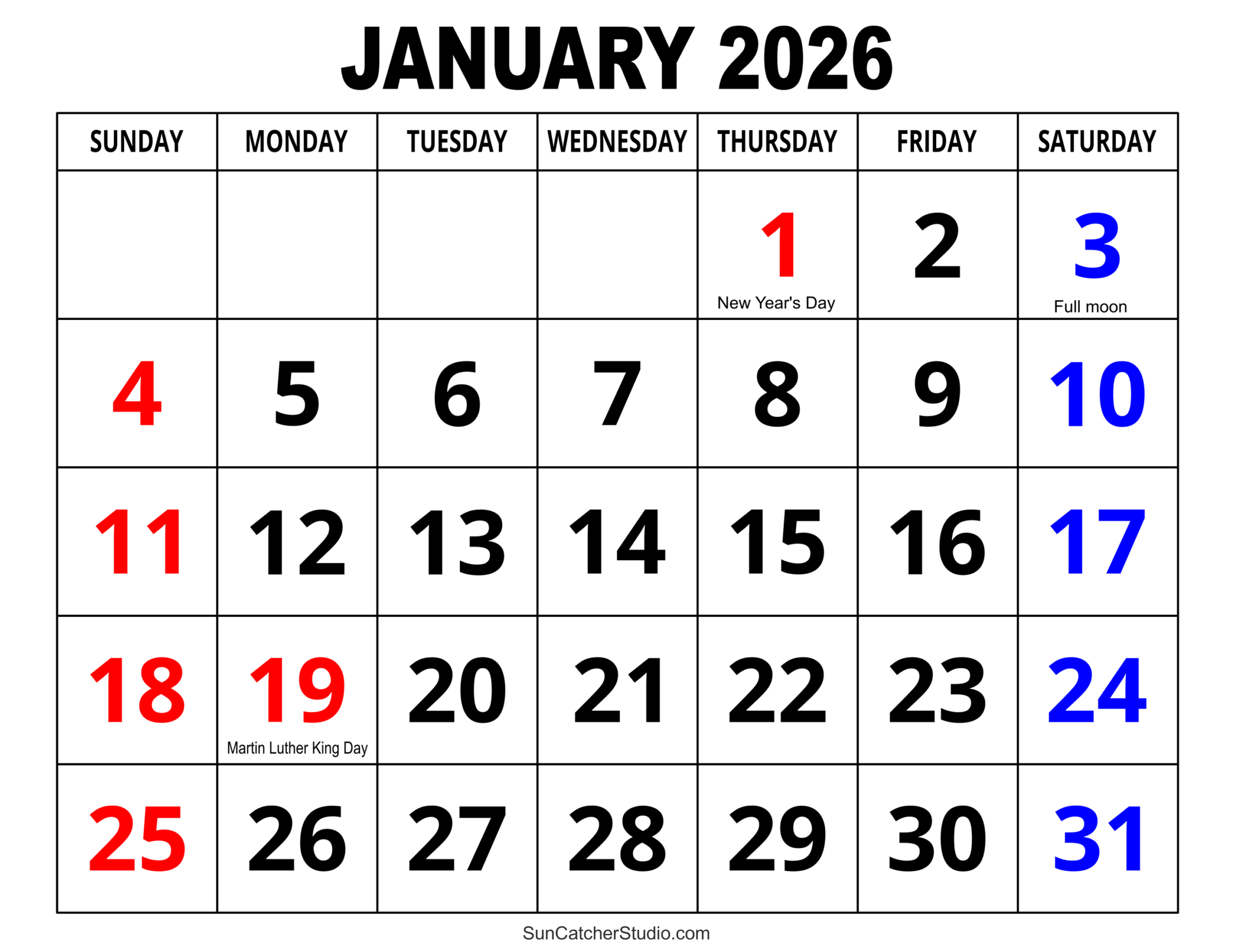 January 2026 Calendar (Free Printable) – Free Printables for Calendar For January 2026