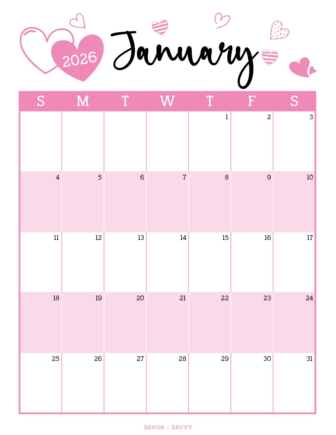 January 2026 Calendar Templates - 14 Free Printables - Savor + Savvy regarding January 2026 Calendar Printable Pink
