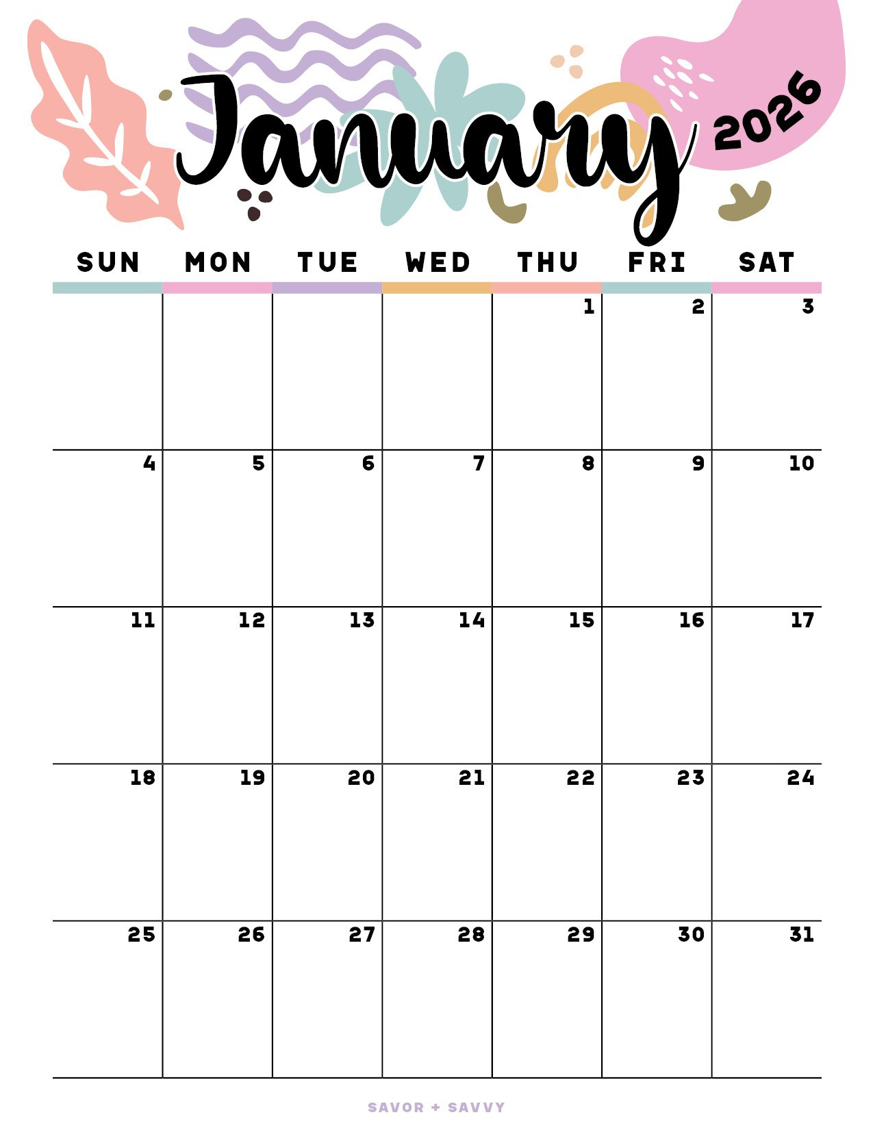 January 2026 Calendar Templates - 14 Free Printables - Savor + Savvy with regard to January 2026 Calendar Printable Pink