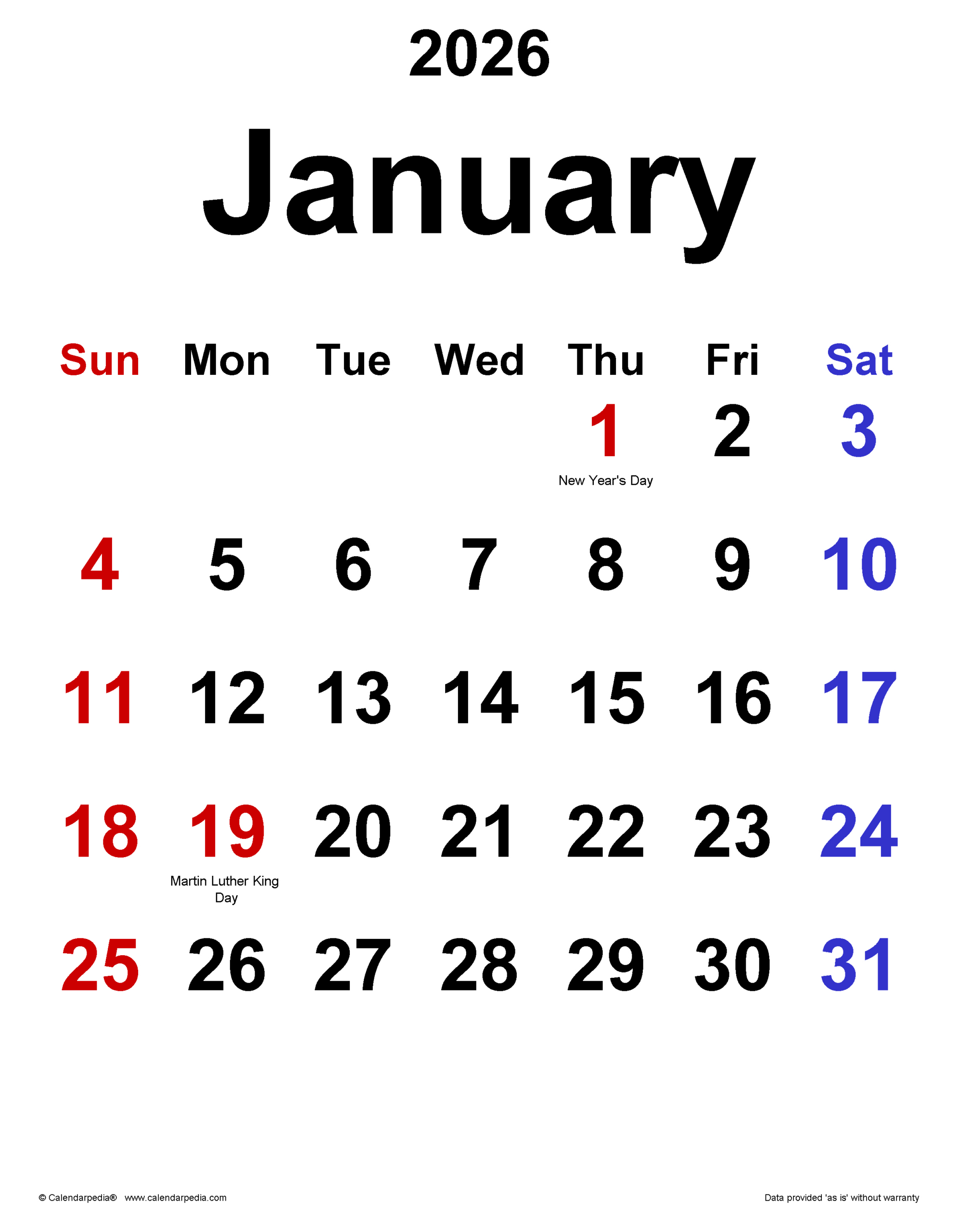 January 2026 Calendar | Templates For Pdf, Excel And Word throughout Calendar For January 2026 United States