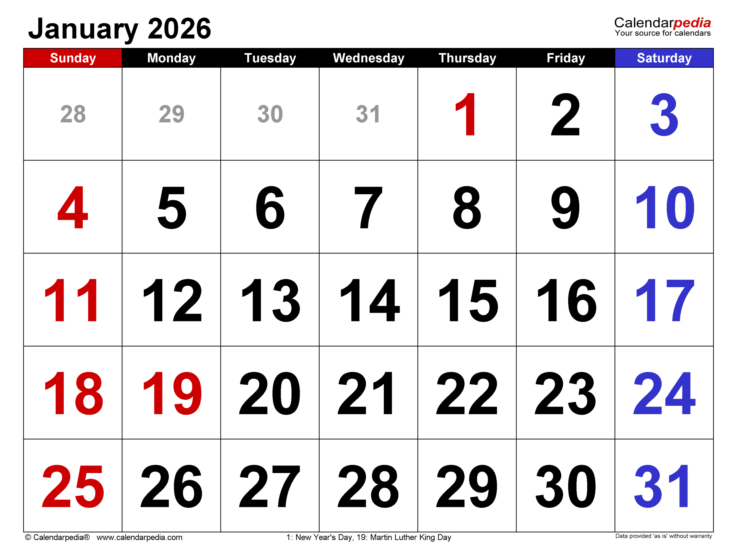 January 2026 Calendar | Templates For Pdf, Excel And Word with Calendar For January 2026 United States