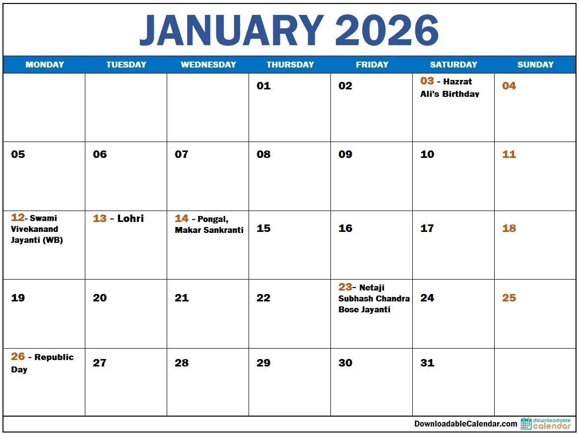 January 2026 Calendar: Transform Your Plans Into Success intended for January 2026 Calendar with Indian Holidays Printable