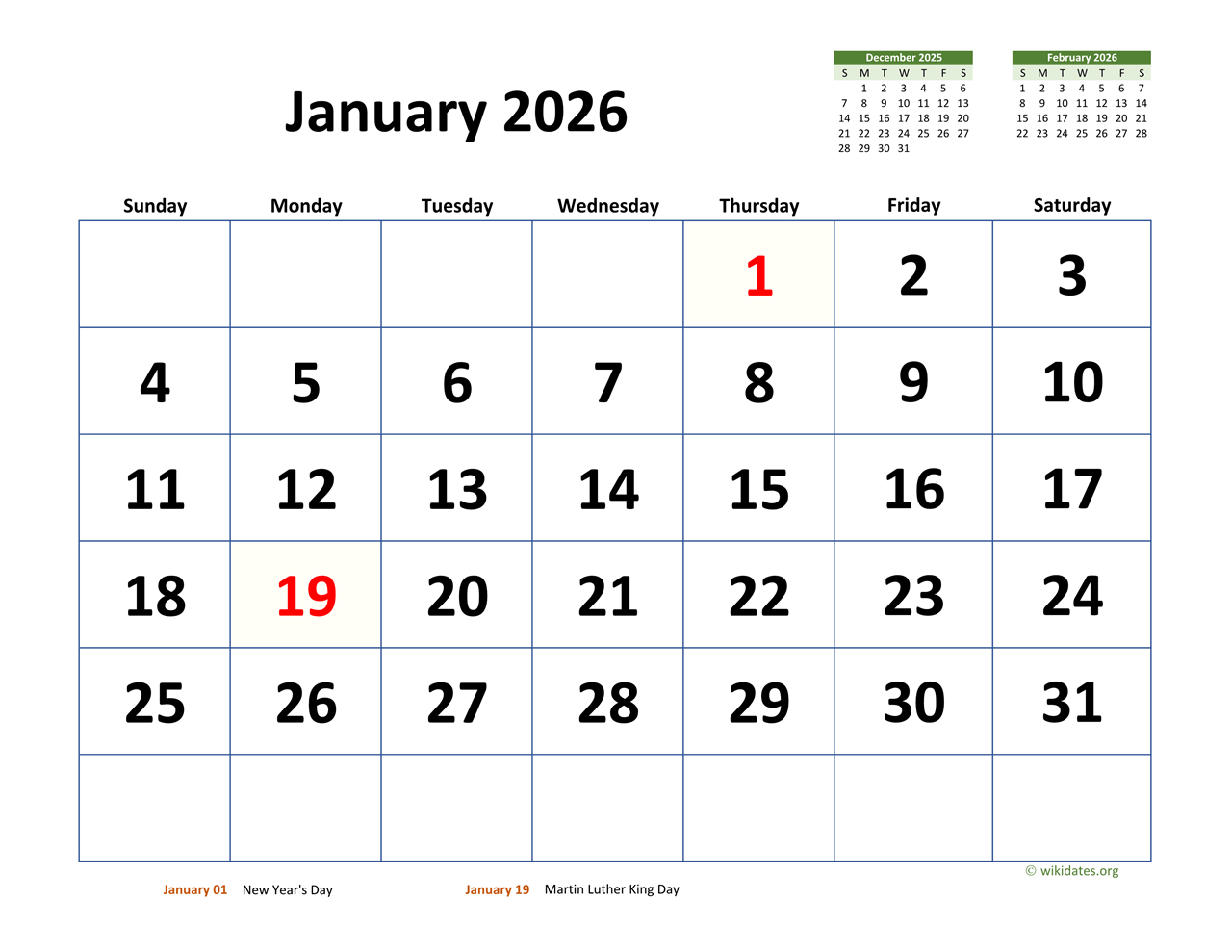 January 2026 Calendar With Extra-Large Dates | Wikidates pertaining to January 2026 Calendar Wiki Printable