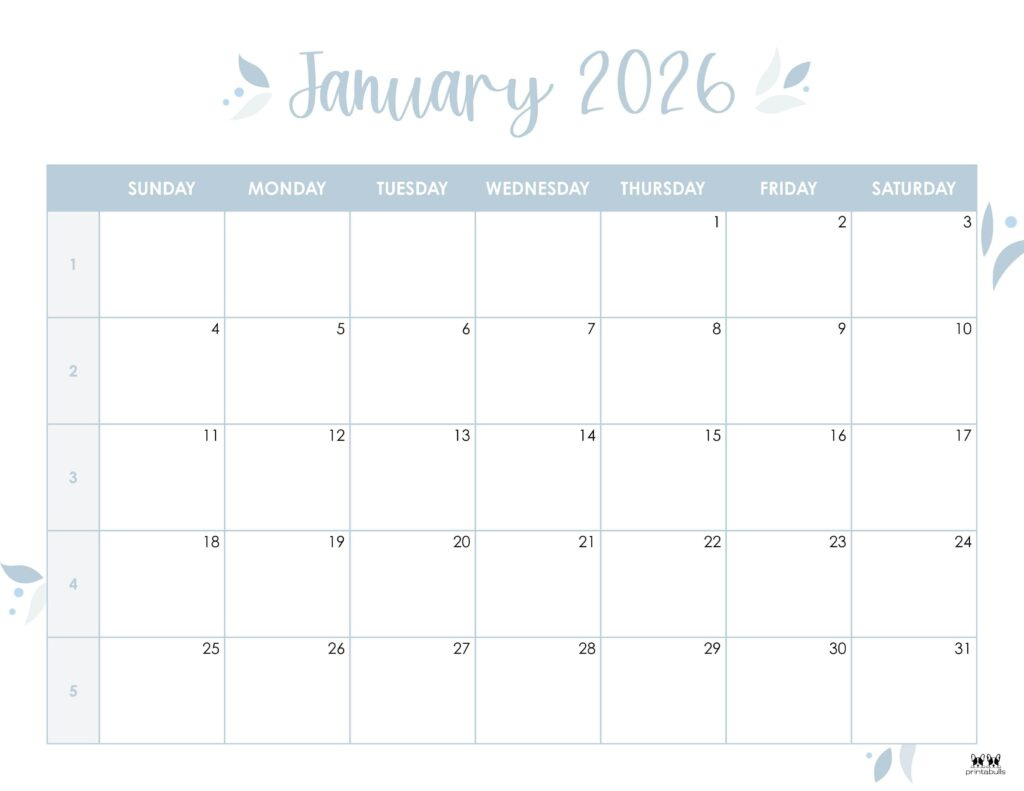 January 2026 Calendars - 123 Free Printables | Printabulls pertaining to January 2026 Calendar Printable Wiki
