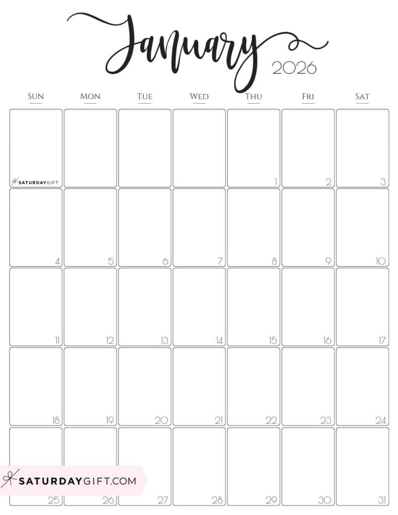 January 2026 Calendars - 23 Cute Free Printable Pdfssaturdaygift intended for Free Printable Printable January 2026 Calendar
