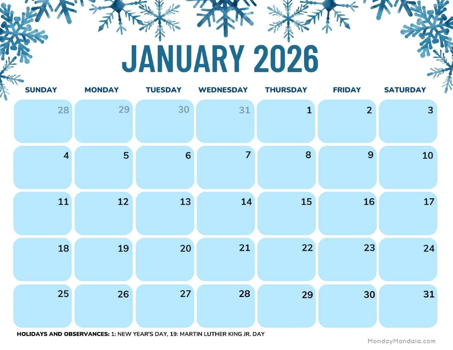 January 2026 Calendars (Free Pdf Printables) within January 2026 Printable Calendar with Holidays