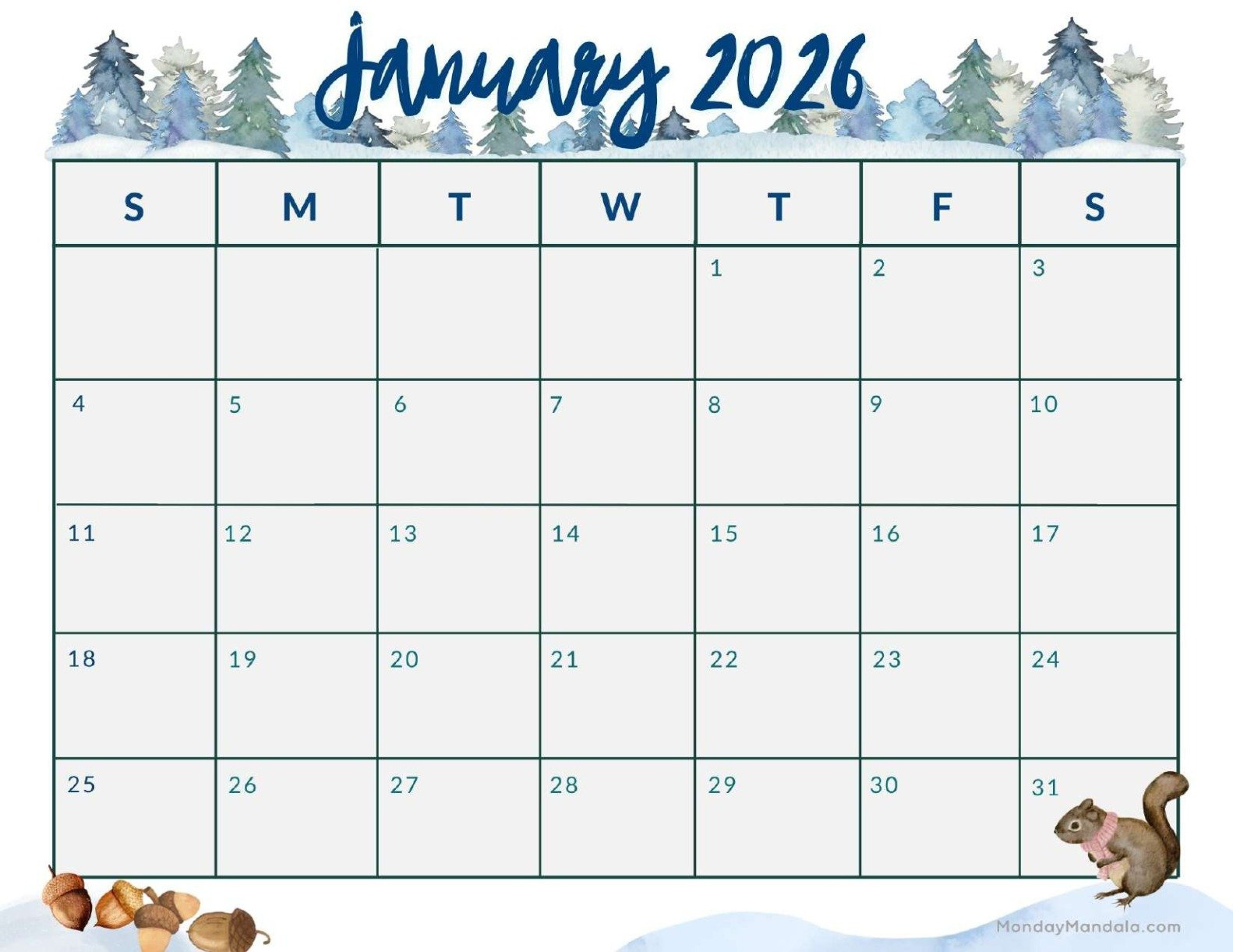 January 2026 Calendars (Free Pdf Printables) within Printable Calendar For January 2026