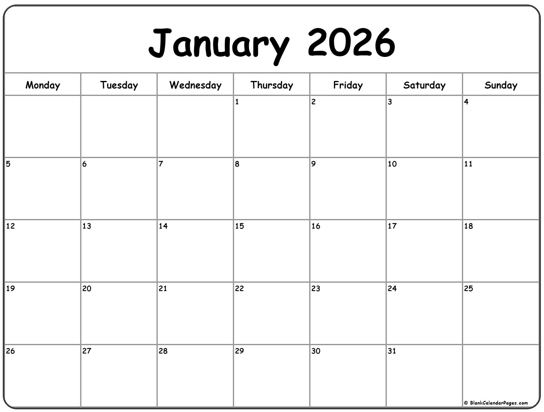 January 2026 Monday Calendar | Monday To Sunday in January 2026 Calendar Printable Monday Start