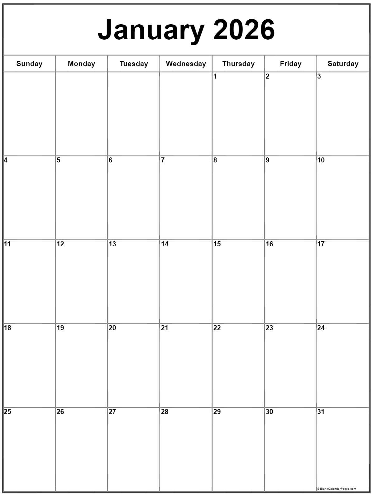 January 2026 Vertical Calendar | Portrait inside January 2026 Calendar Vertical Printable
