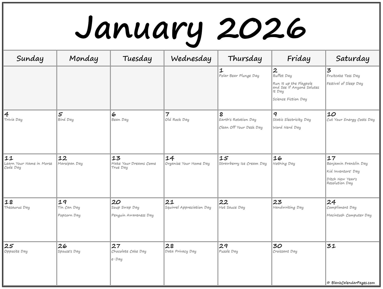 January 2026 With Holidays Calendar throughout National Day January 2026