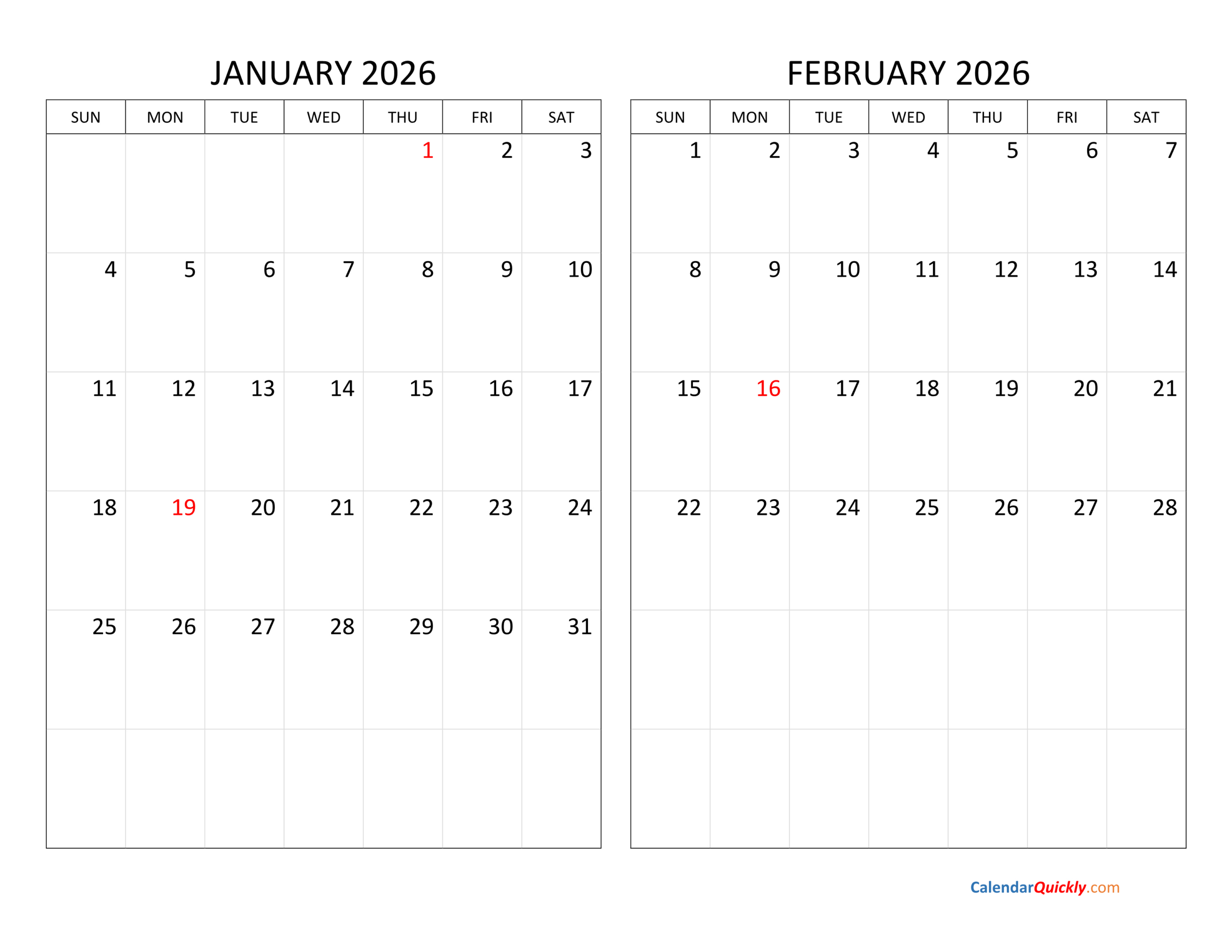 January And February 2026 Calendar | Calendar Quickly intended for January 2026 And February Calendar Printable