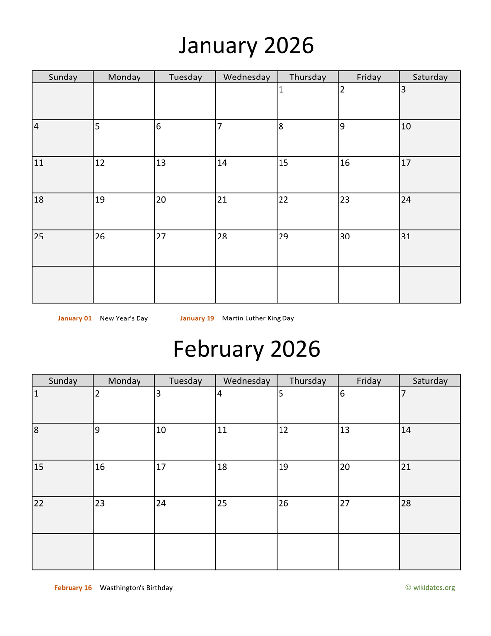 January And February 2026 Calendar | Wikidates throughout January February March 2026 Printable Calendar