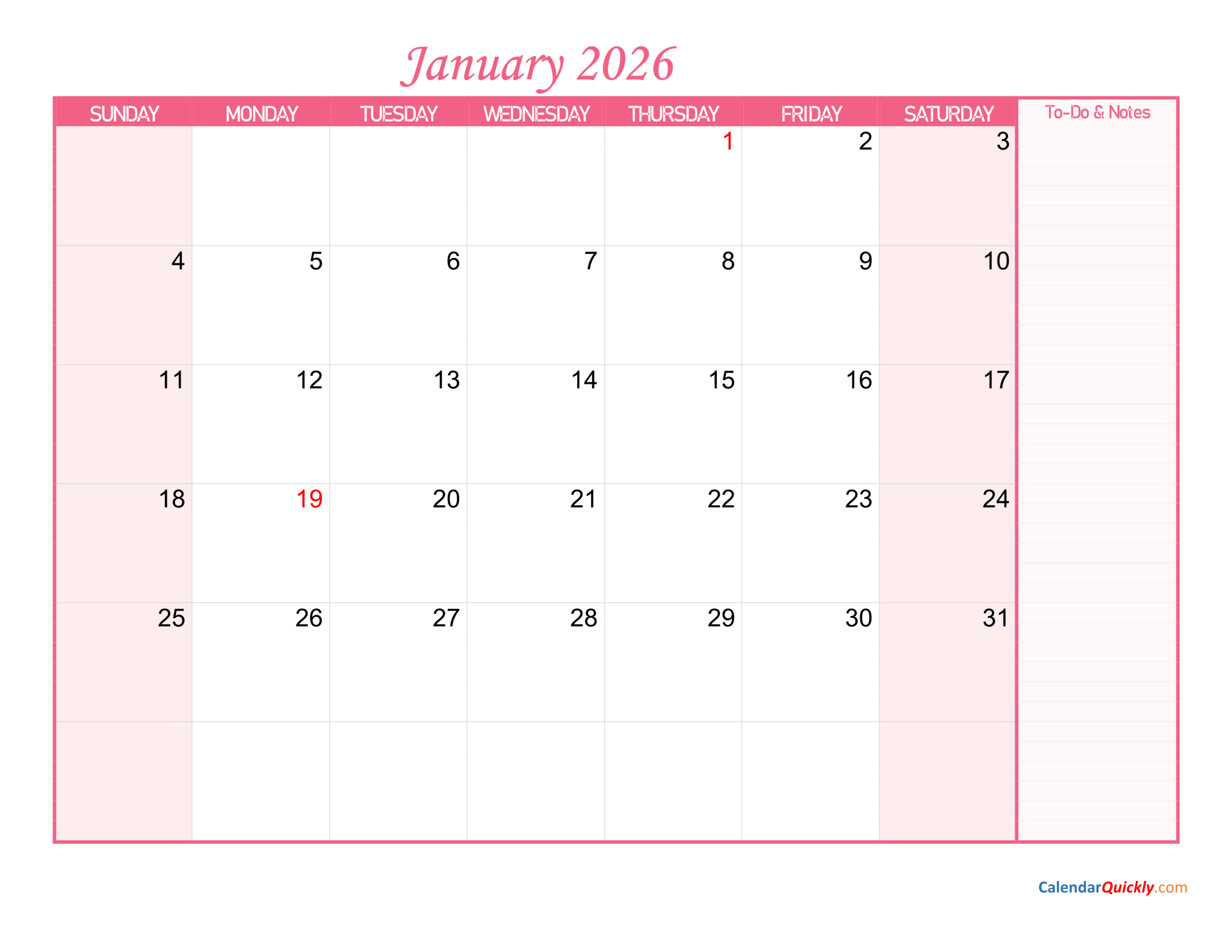 January Calendar 2026 With Notes | Calendar Quickly intended for January 2026 Calendar Printable Pink