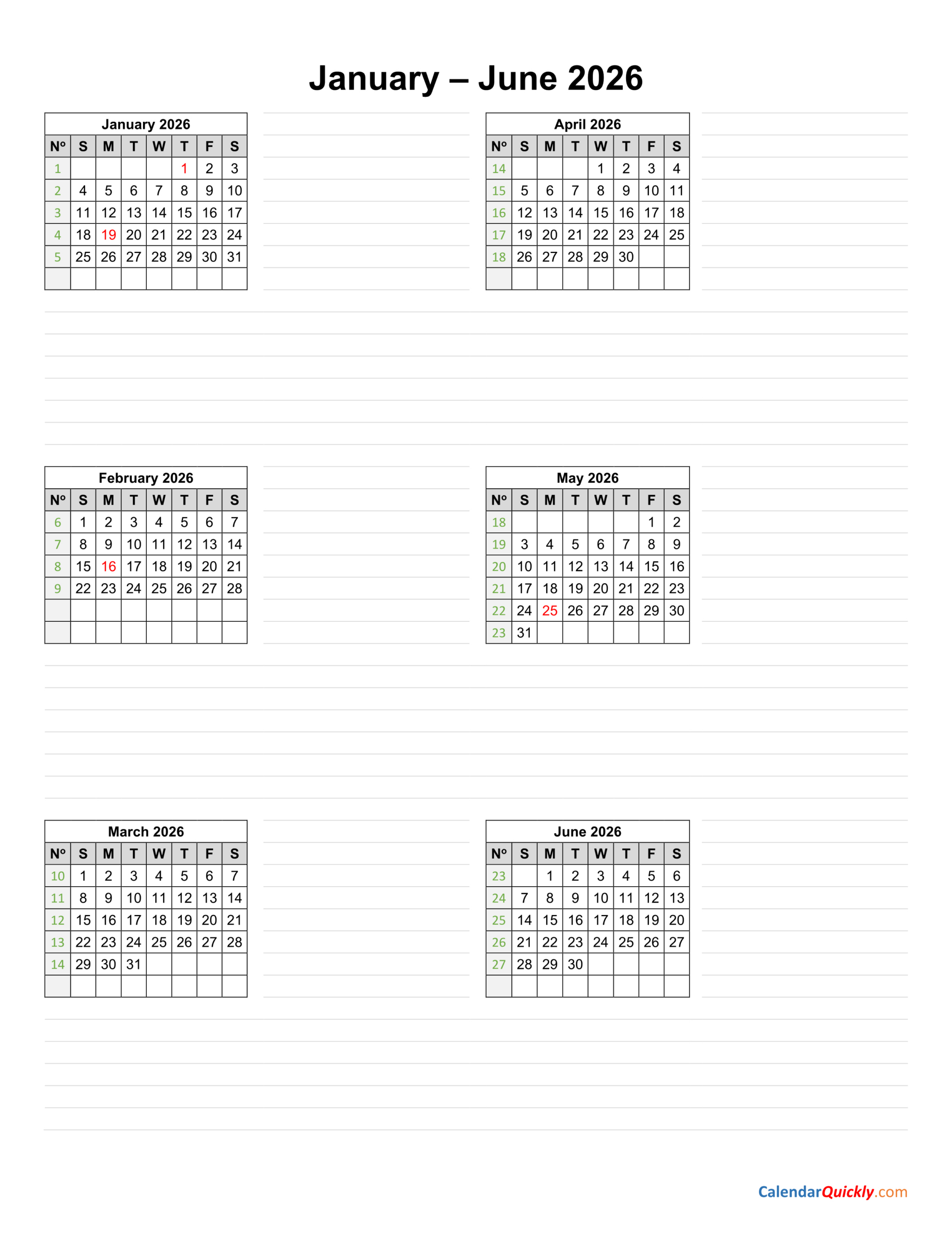 January To June 2026 Calendar Vertical | Calendar Quickly for January To June 2026 Calendar Printable