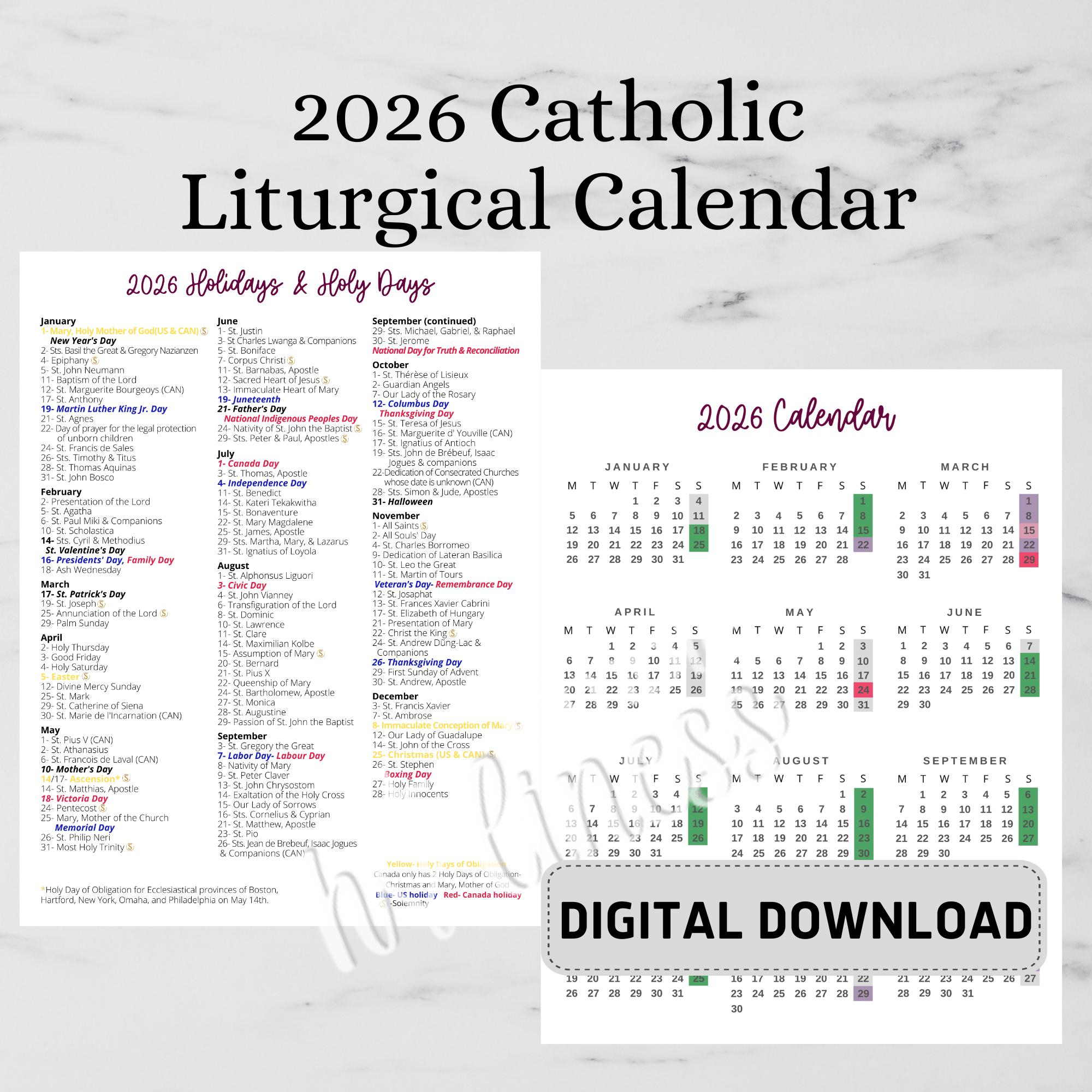 Liturgical Feast Days Calendar Printable - Etsy with Nyc Catholic School Calendar 2026 To 2027