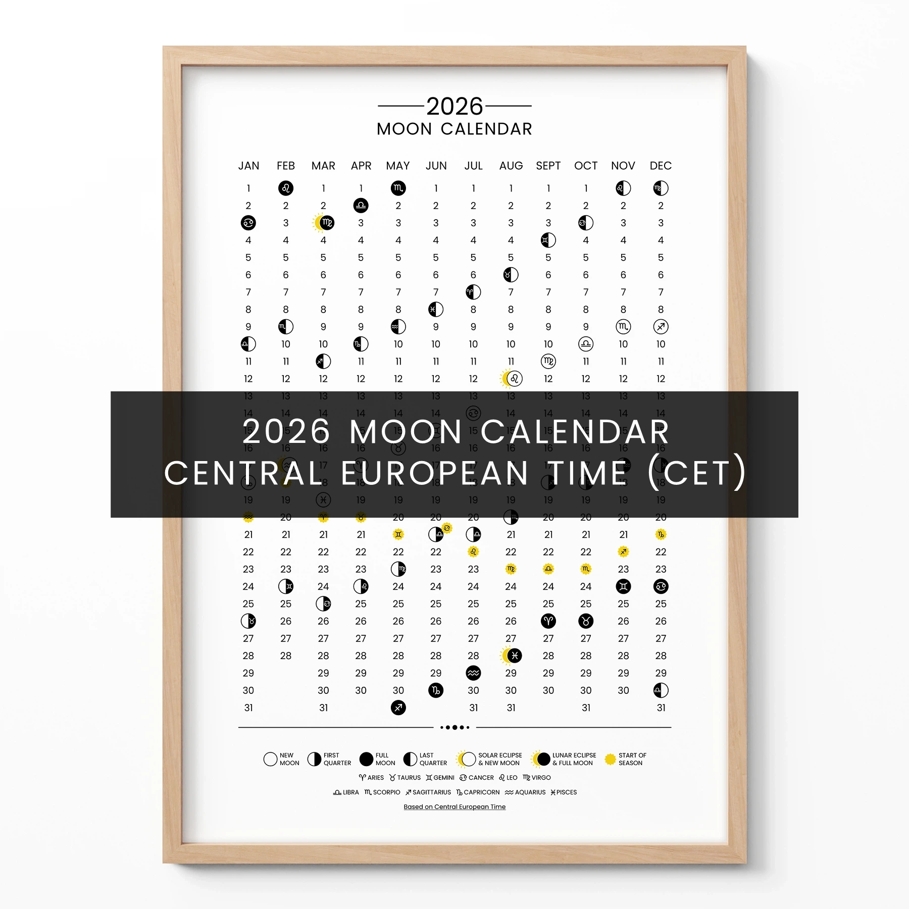 Lunar Calendar 2026 Poster – Moon Phases Wall Art (Cet) with New Moon and Full Moon Calendar 2026