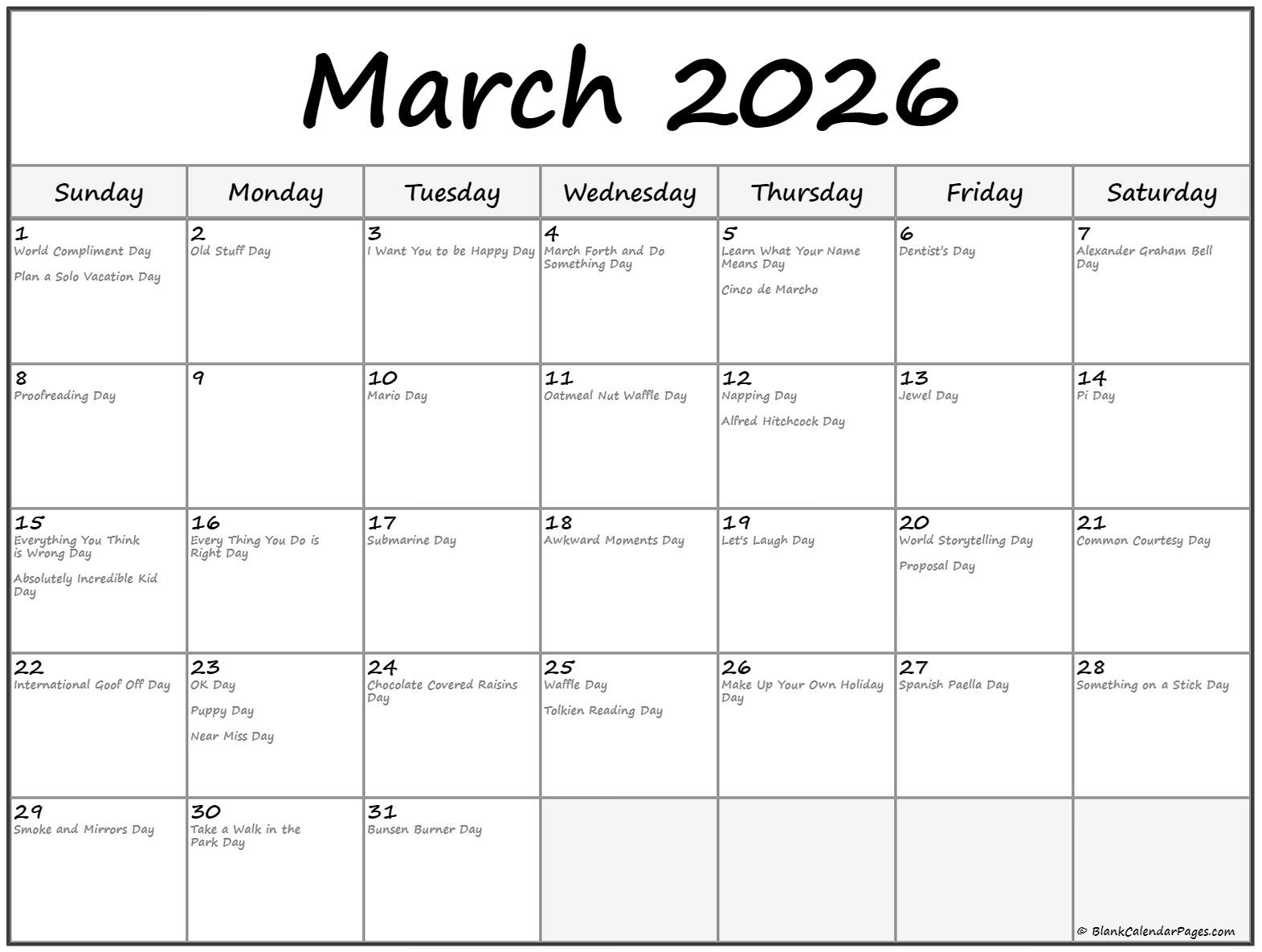 March 2026 With Holidays Calendar pertaining to National Day Calendar March 2026