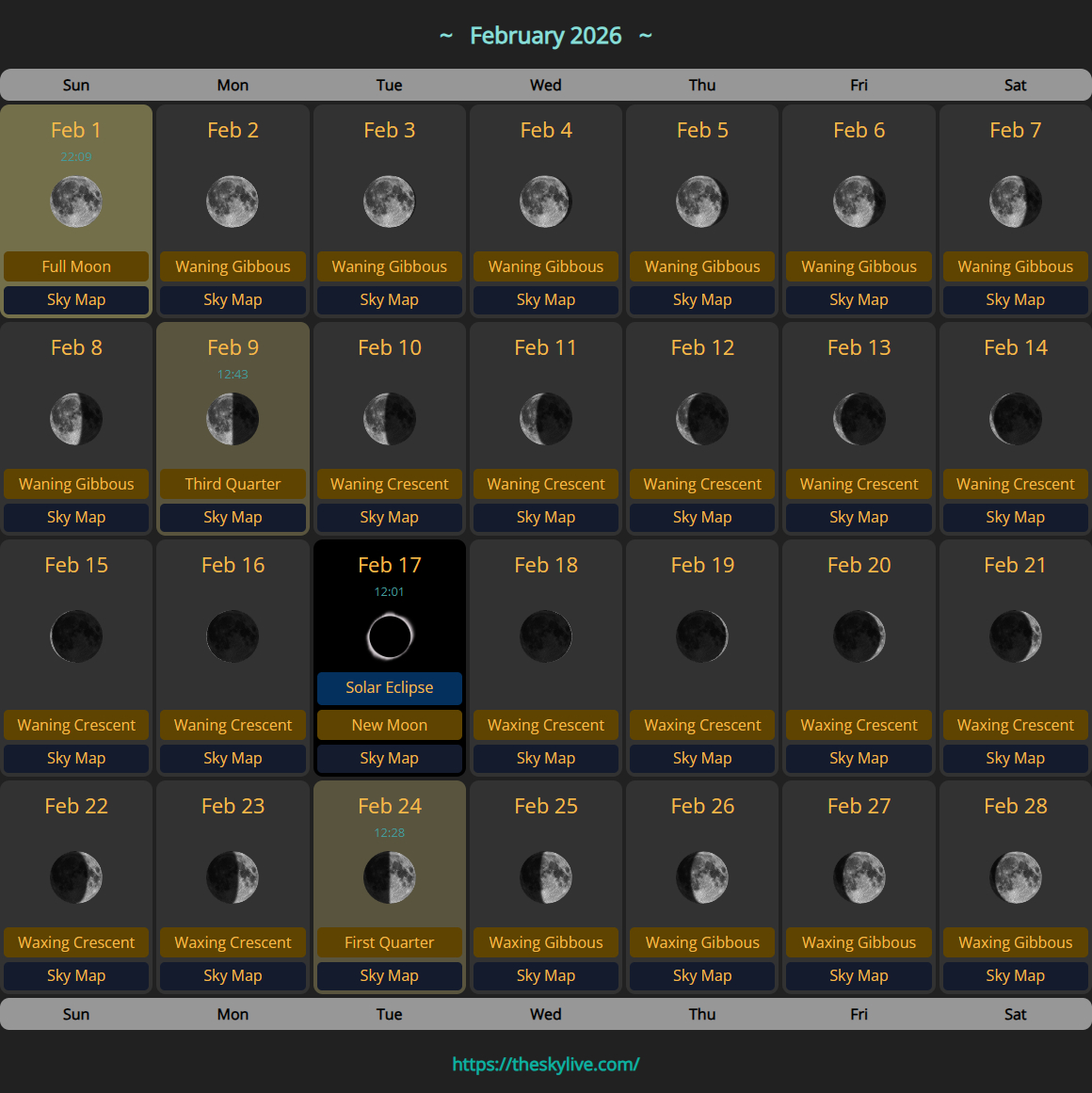 Moon Calendar: February 2026 | Theskylive with Moon Phase Calendar 2026 February