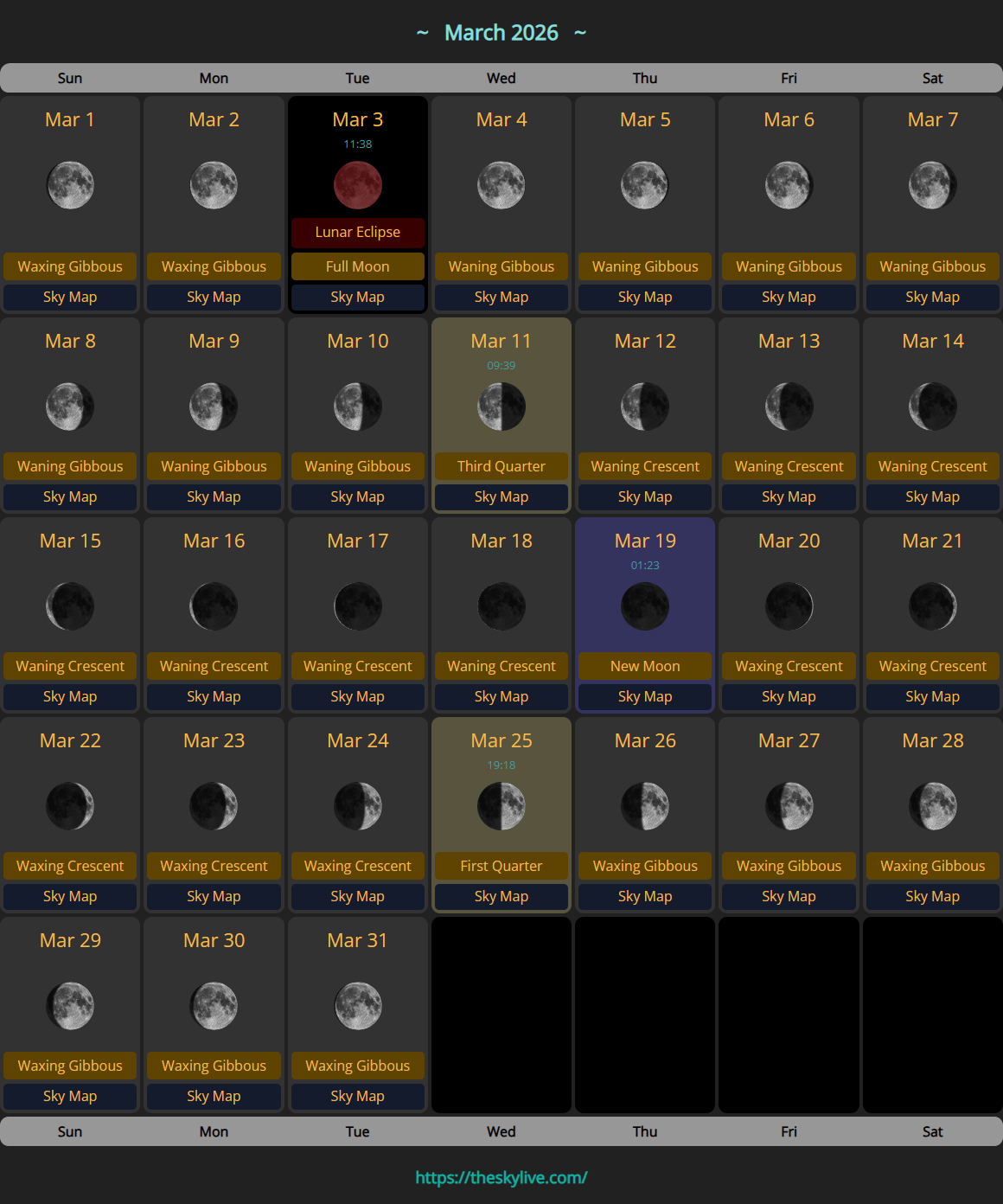 Moon Calendar: March 2026 | Theskylive intended for March 2026 Moon Phase Calendar