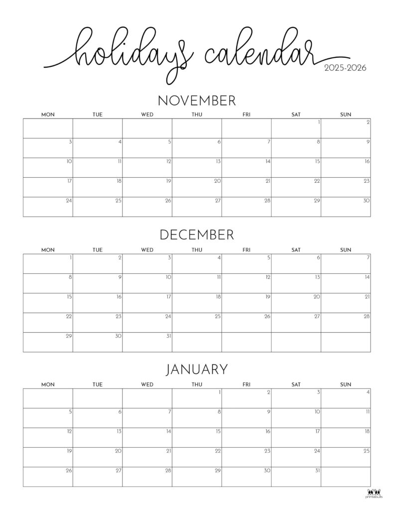 November December 2025 Calendars - 28 Printables | Printabulls inside November December 2025 - January 2026 Printable Calendar
