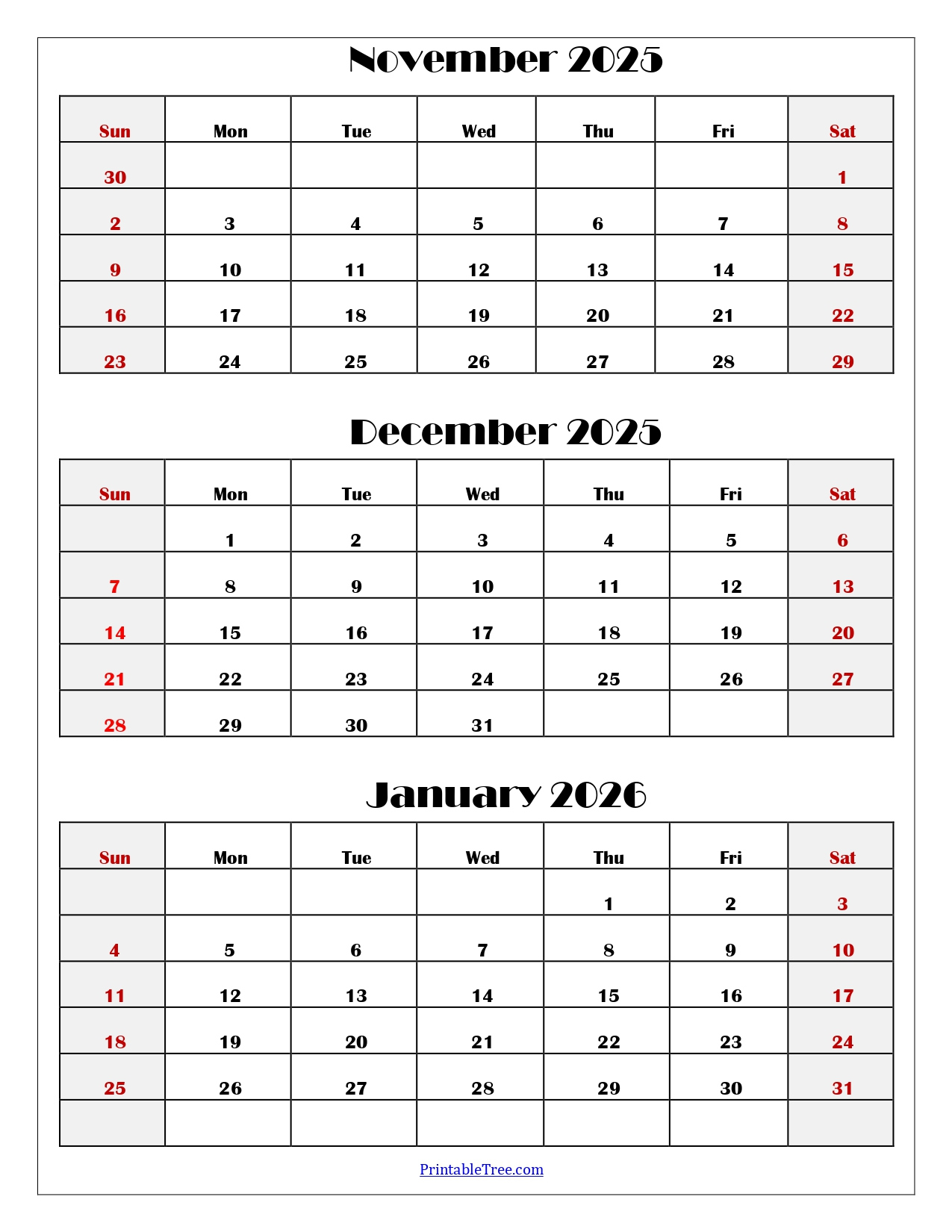 November To January 2026 Calendar Printable Pdf | Three Months for November December 2025 - January 2026 Printable Calendar