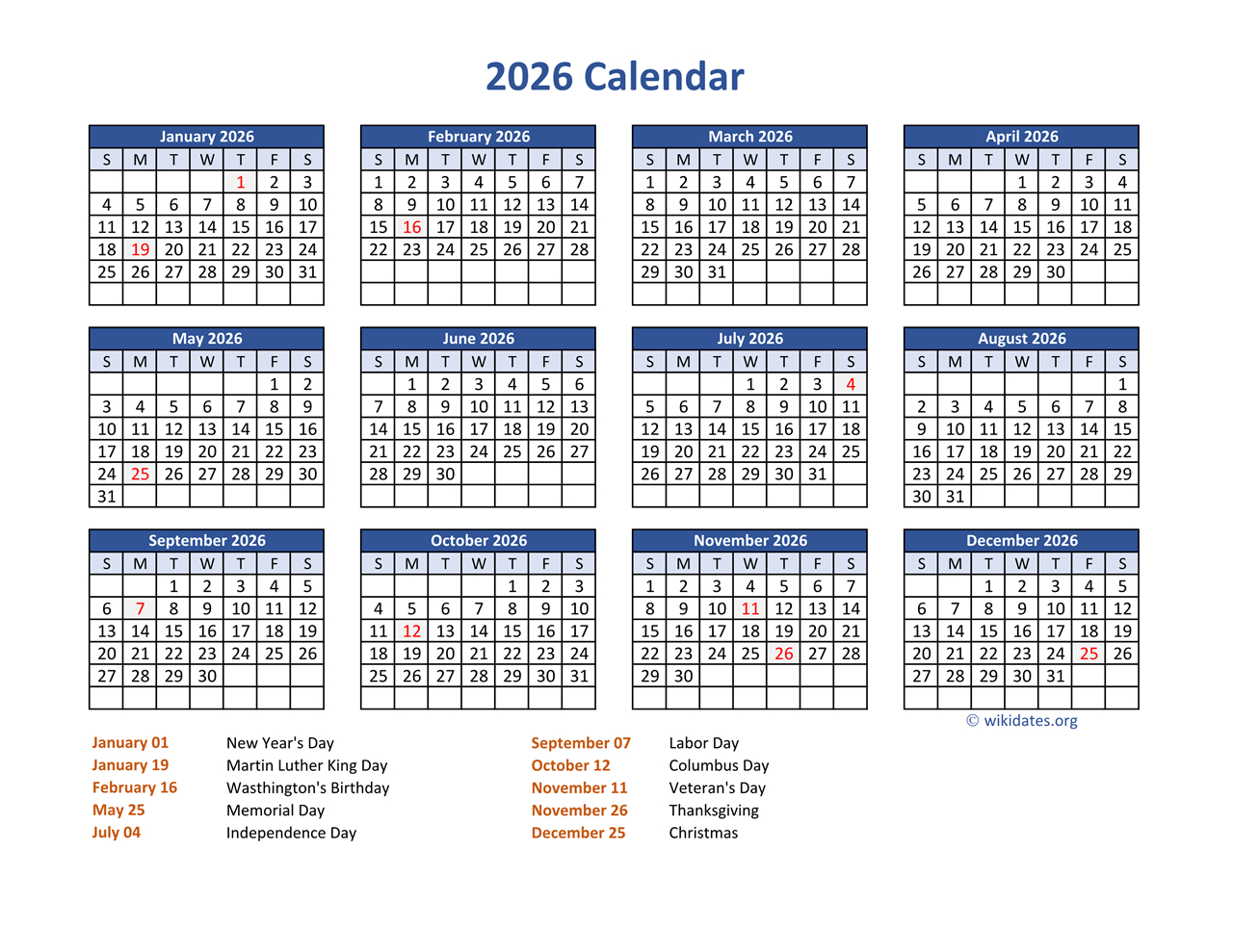 Pdf Calendar 2026 With Federal Holidays | Wikidates throughout January 2026 Printable Calendar Wiki