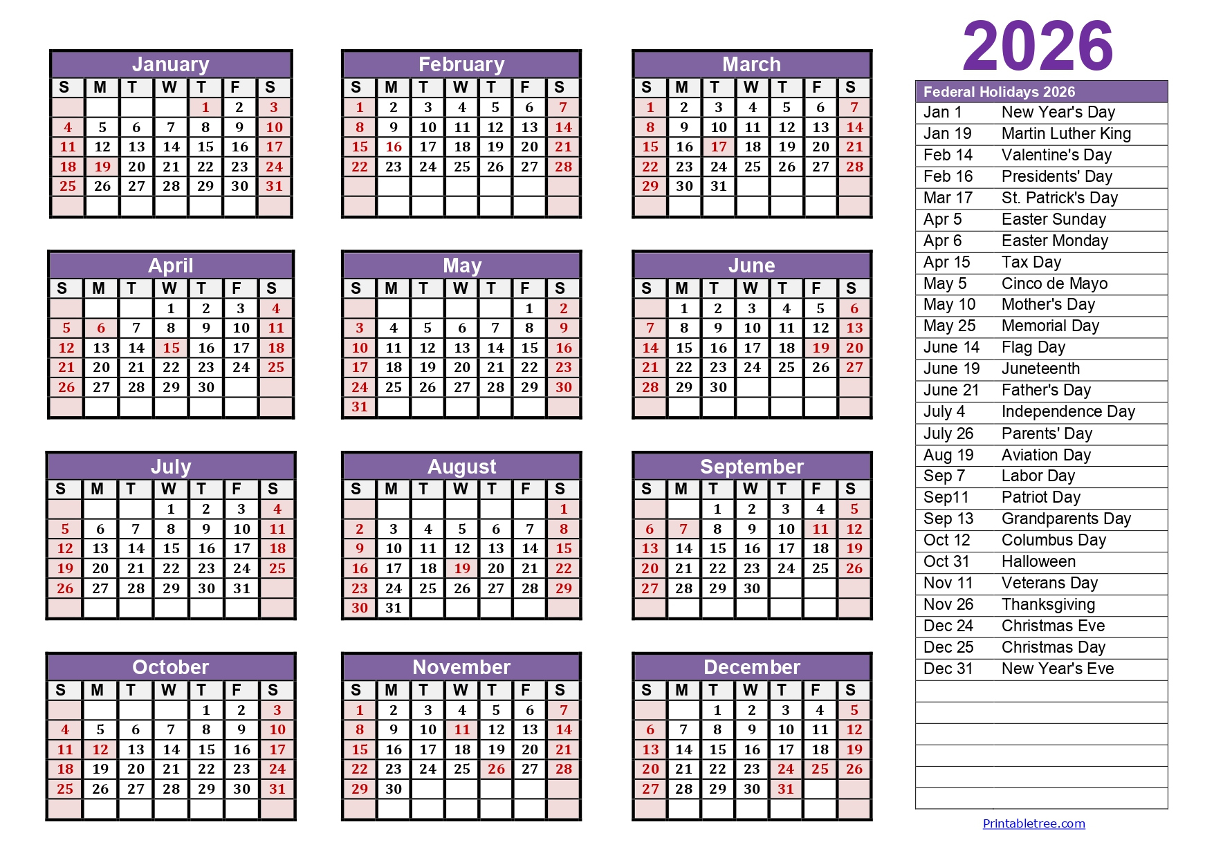 Printable Calendar 2026 One Page With Holidays (Single Page) 2026 for Julian Calendar 2026 and 2026