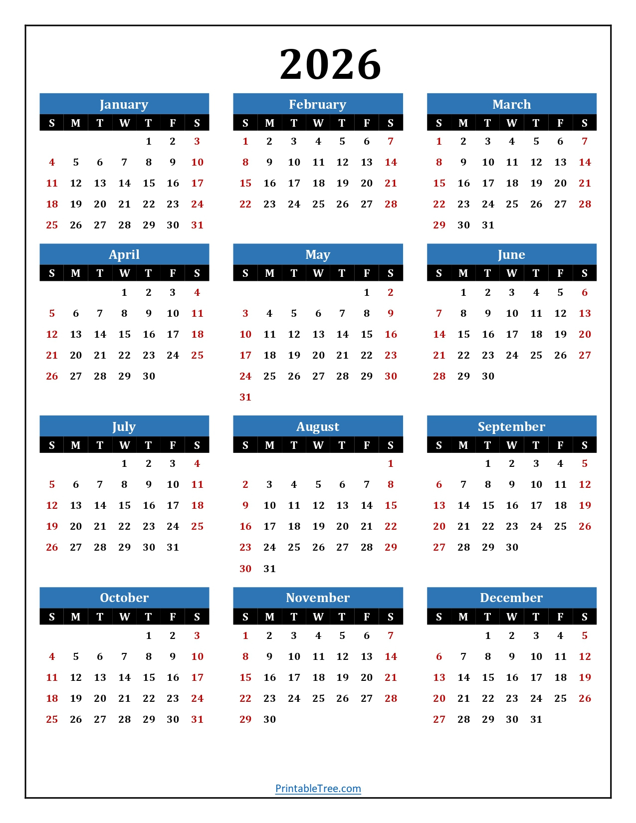 Printable Calendar 2026 One Page With Holidays (Single Page) 2026 in I Need A 2026 Calendar