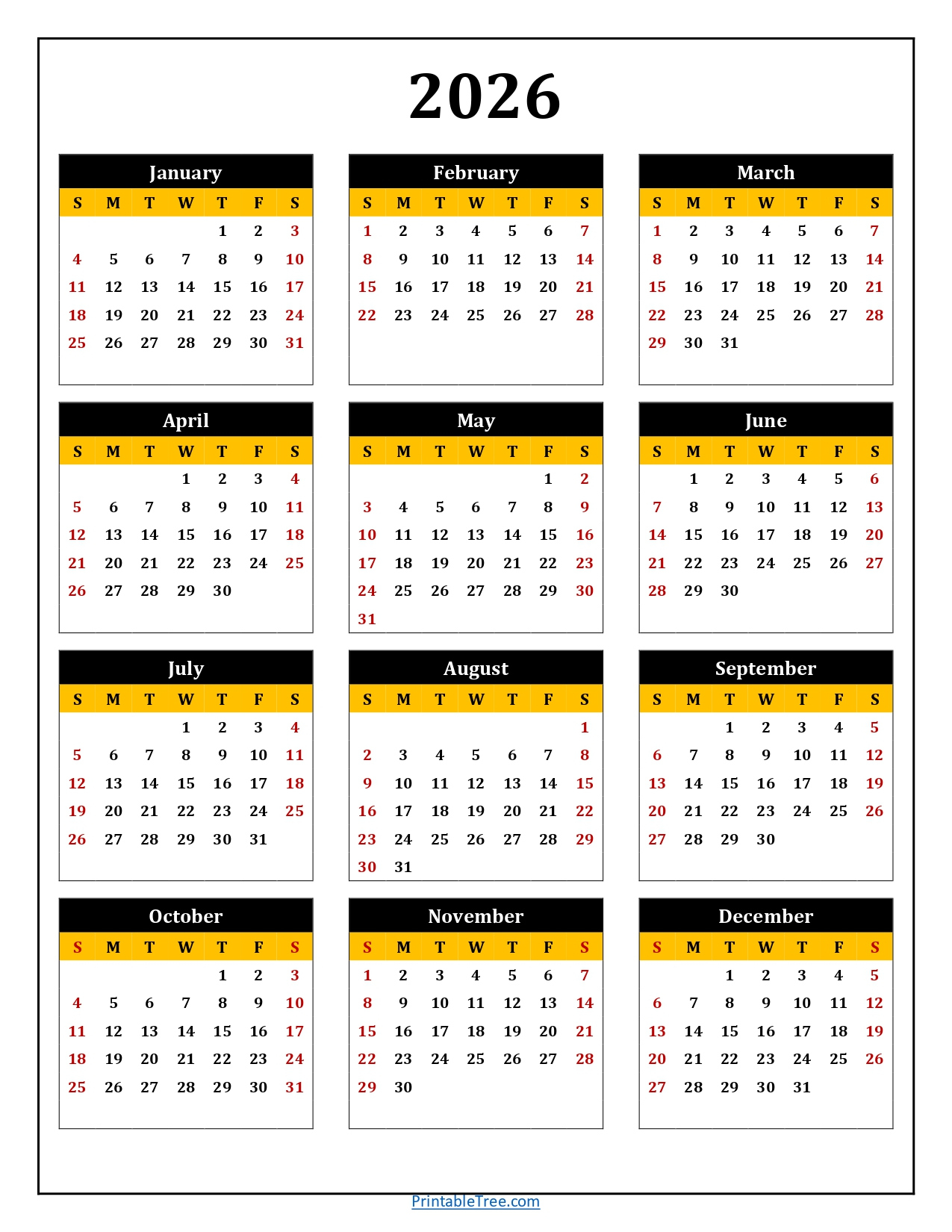Printable Calendar 2026 One Page With Holidays (Single Page) 2026 regarding 2026 Yearly Calendar