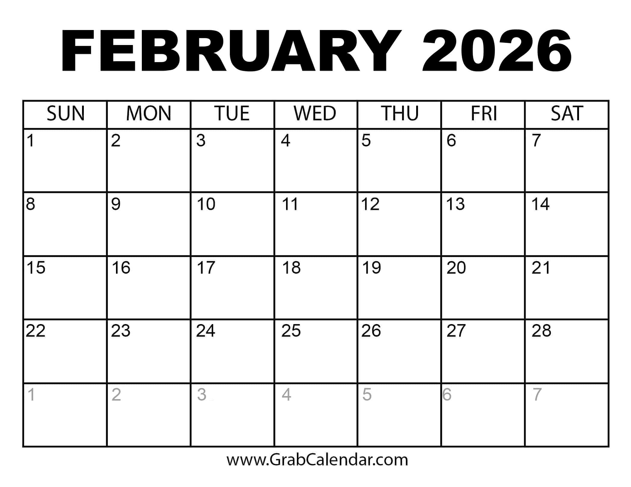 Printable February 2026 Calendar pertaining to February 2026 Calendar Page