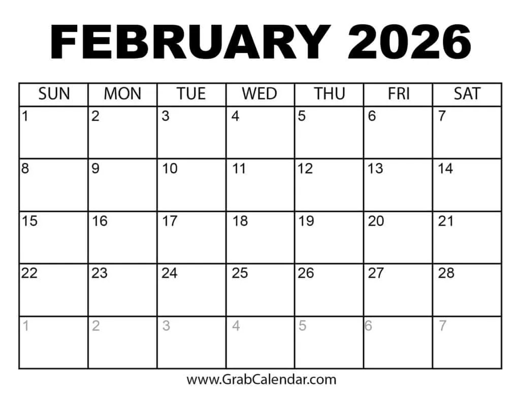 Printable February 2026 Calendar with National Day Calendar February 2026