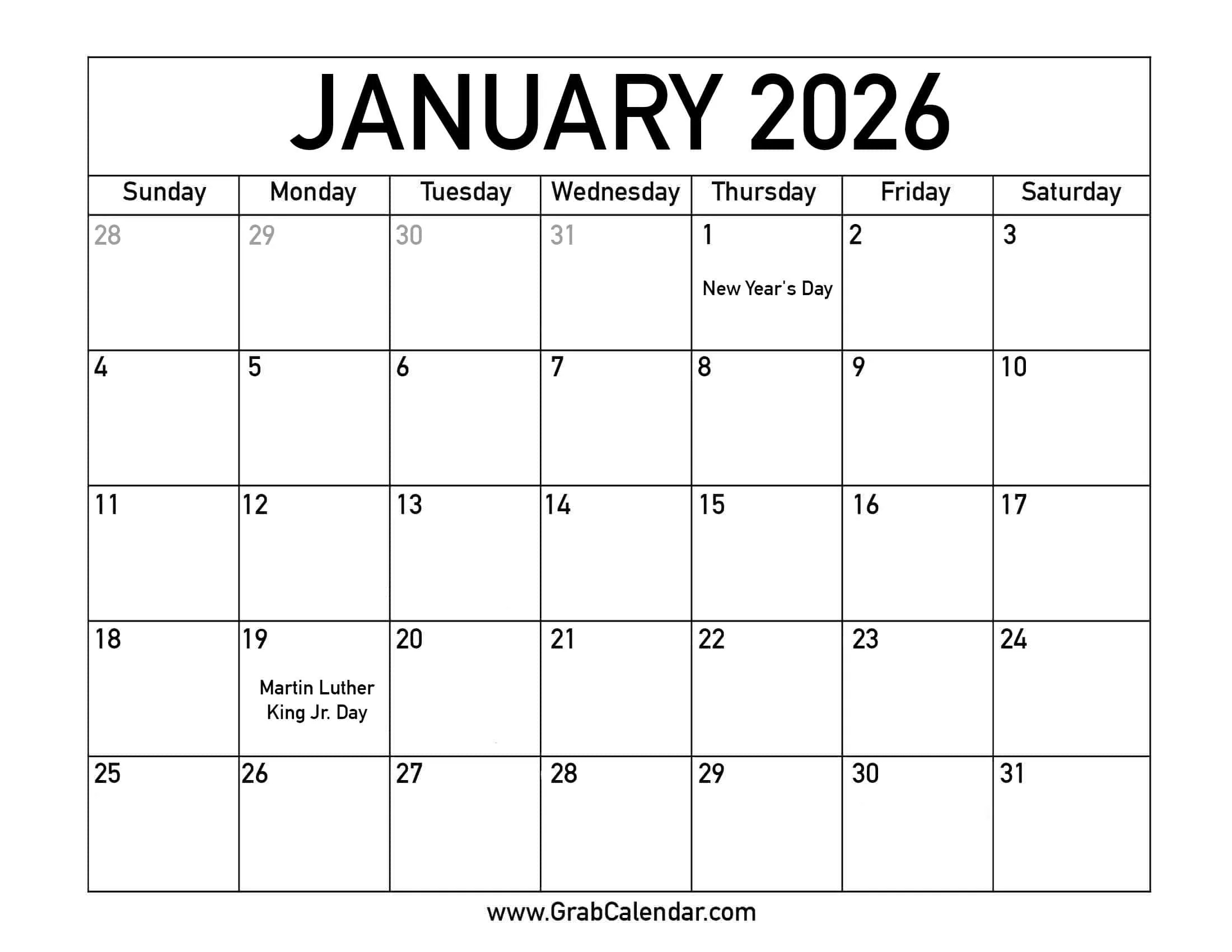 Printable January 2026 Calendar intended for Calendar For January 2026 With Holidays