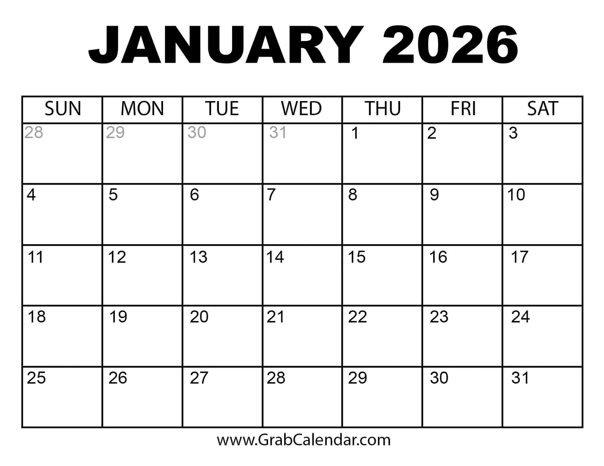 Printable January 2026 Calendar intended for Printable Monthly Calendar January 2026