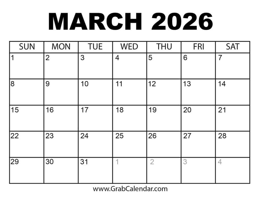 Printable March 2026 Calendar pertaining to January February March 2026 Printable Calendar
