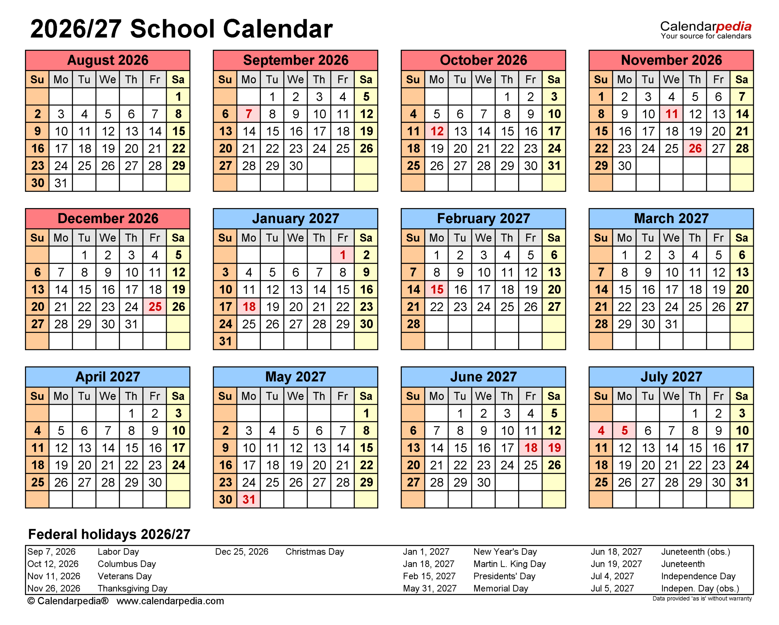 School Calendars 2026/2027 - Free Printable Pdf Templates with regard to K12 Calendar 2026 - 2027