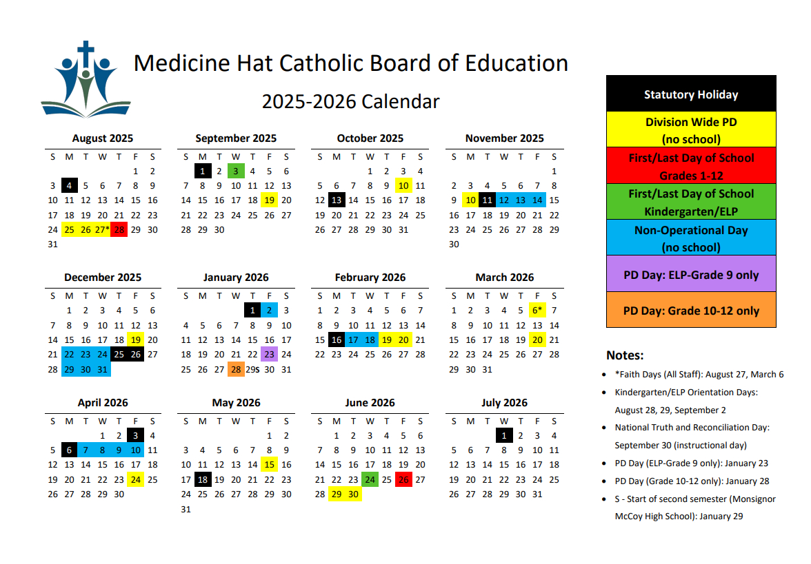 School Year Calendar 2025-2026 | Medicine Hat Catholic Board Of throughout Catholic Education School Calendar 2026
