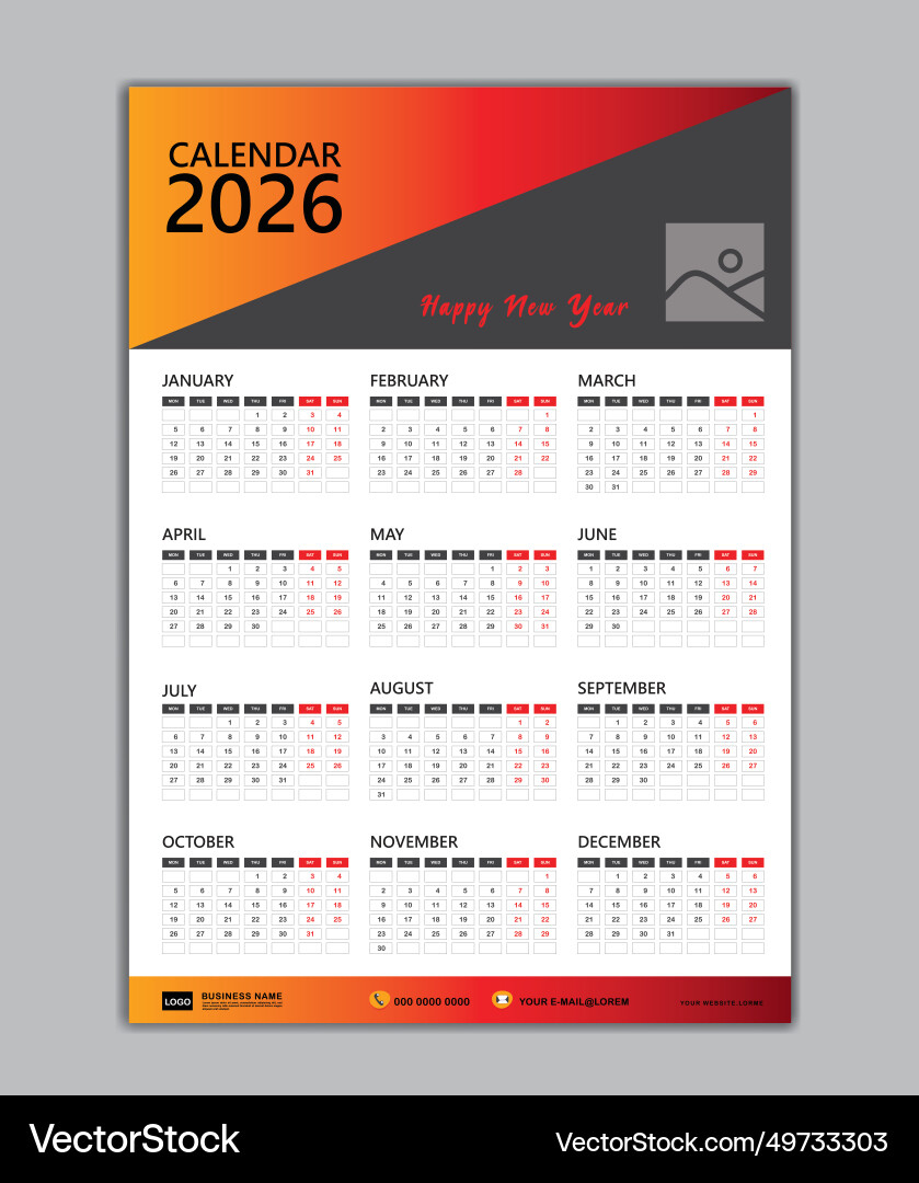 Wall Calendar 2026 Template Week Starts On Monday – Lizenzfreie with Calendar 2026 and 2026